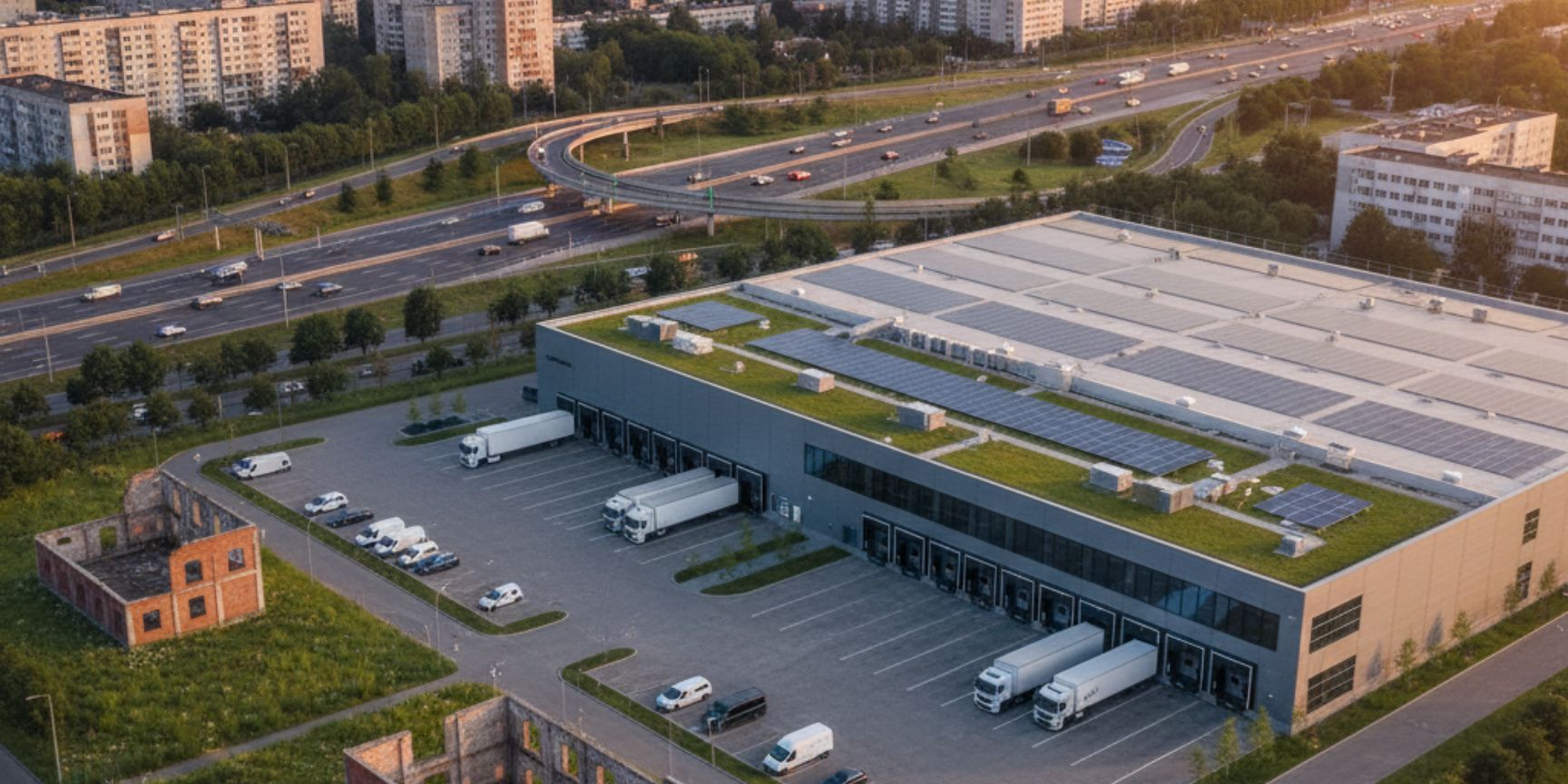 : Luftbild einer modernen, nachhaltigen Logistikhalle mit Gründach und Solarpaneelen, umgeben von zwei historischen Ruinen als Symbol für vergangene Nutzung. Eine vielbefahrene Autobahn und eine Stadtkulisse sind im Hintergrund bei Sonnenuntergang sichtbar.